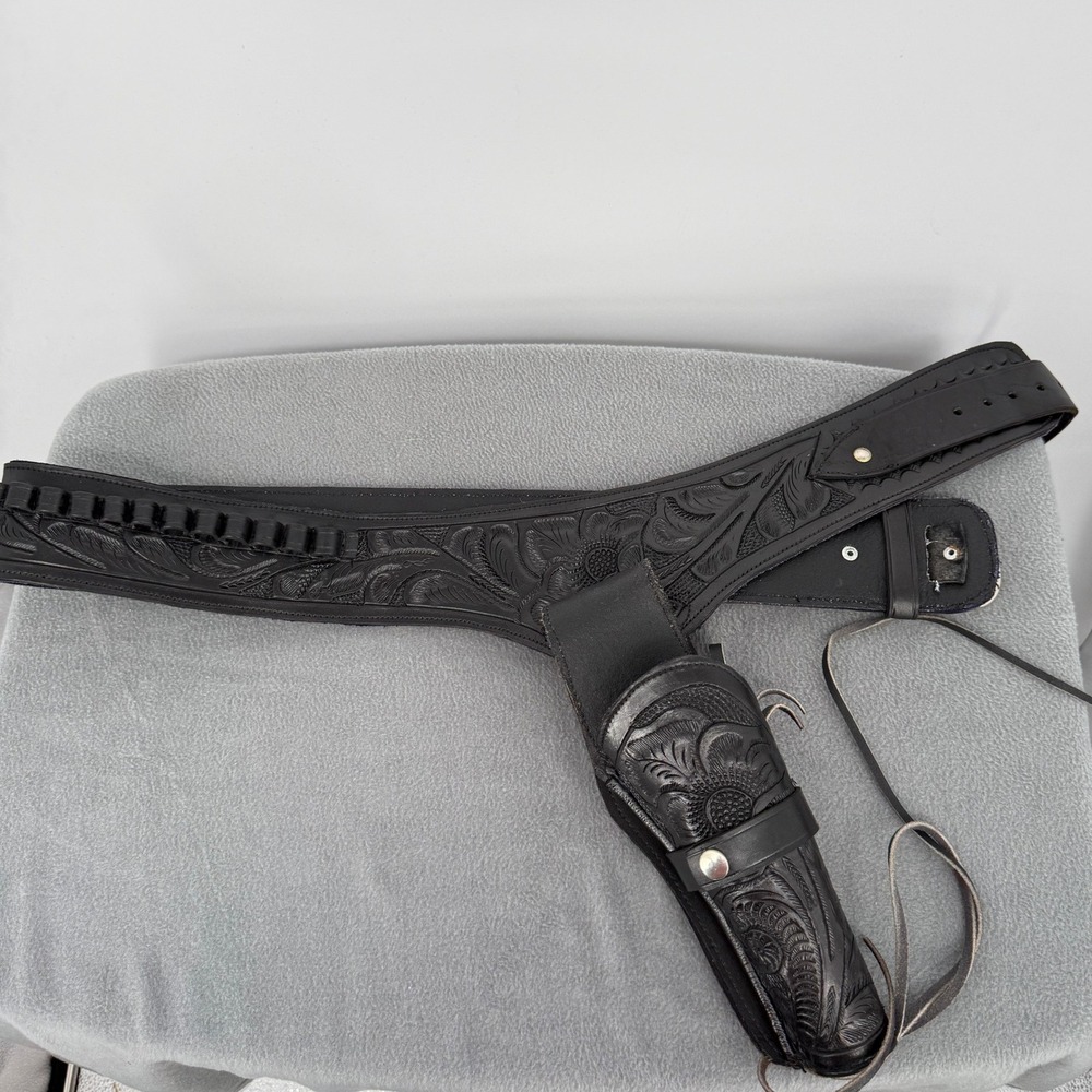 Western Floral Tooled Black Leather Gun Belt and Holster Set 20 Ammo Loops